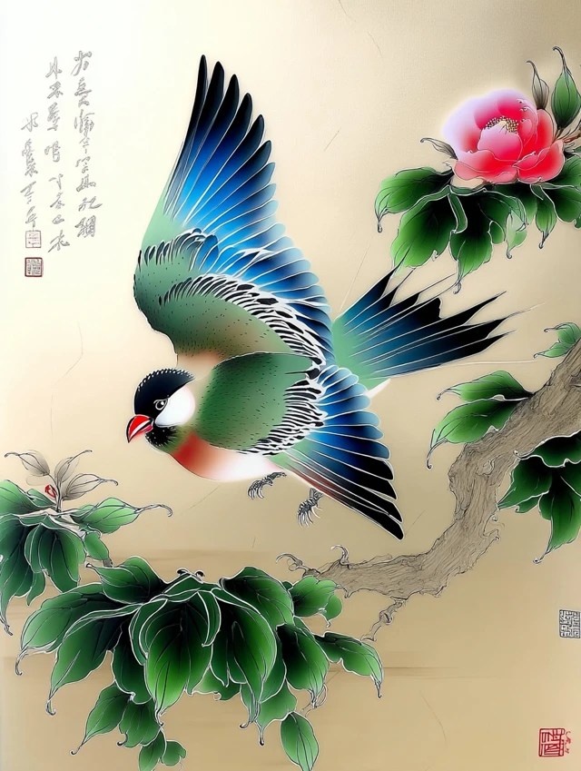 Elegant Blue Bird Gongbi Painting