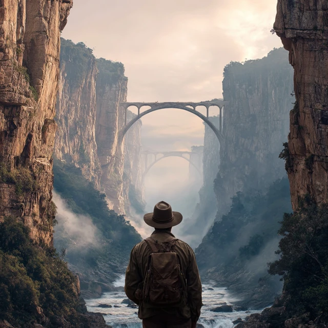 Explorer on a Cliff Overlooking a Bridge