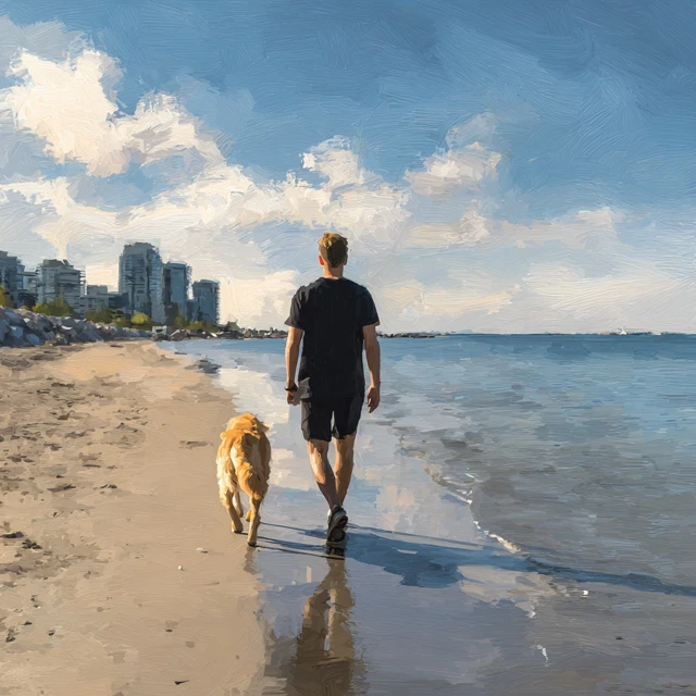 Toronto Beach Walk Man and Golden Retriever