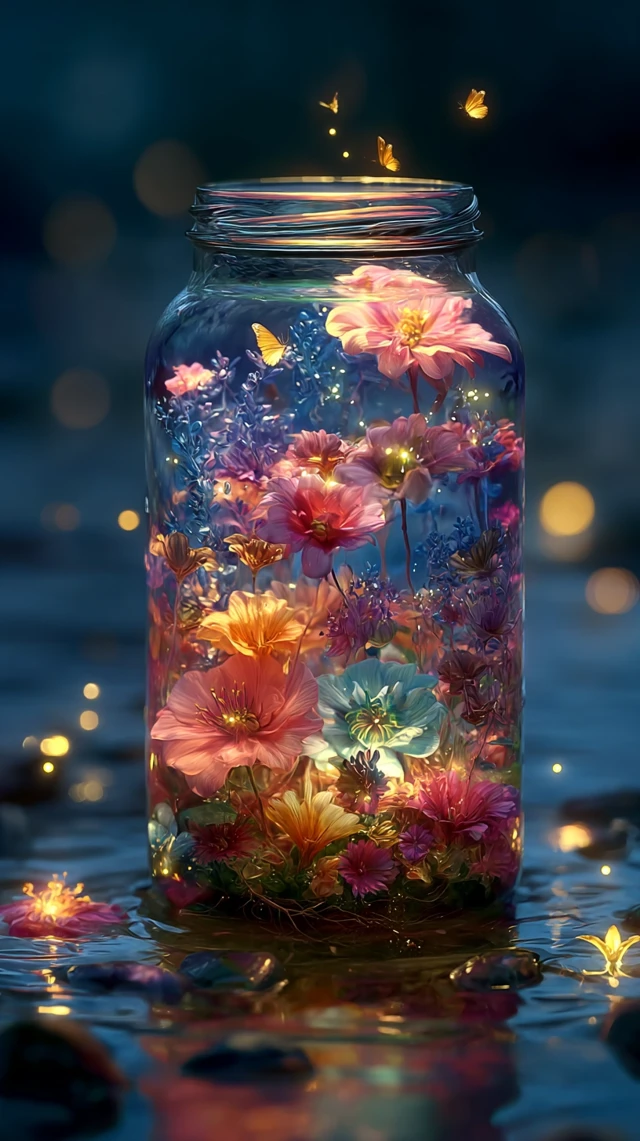 Magical Jar Flowers Fireflies Fantasy Art