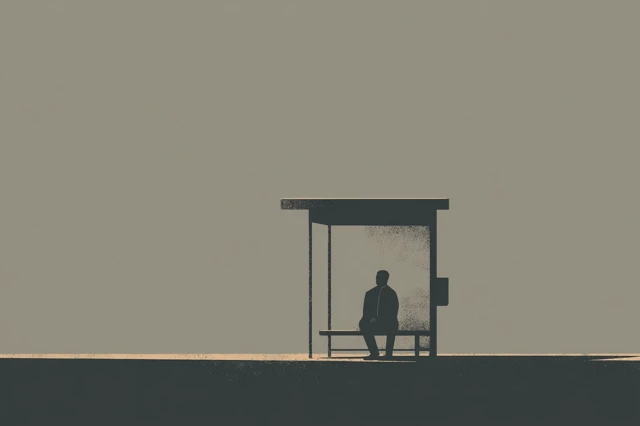 Sad Man at Bus Stop Minimalist Illustration
