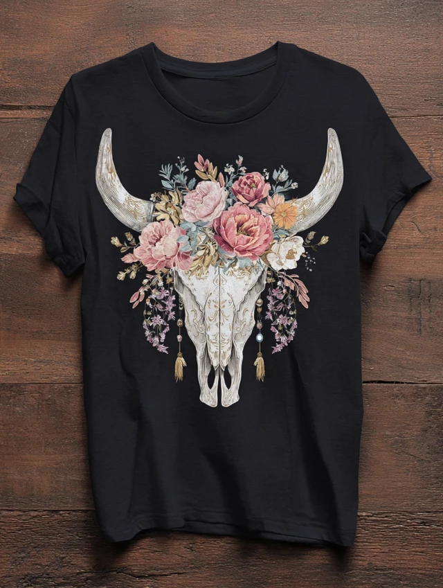 Boho Floral Cow Skull TShirt Design
