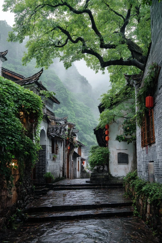 Chinese Alley After Rain Serene Landscape