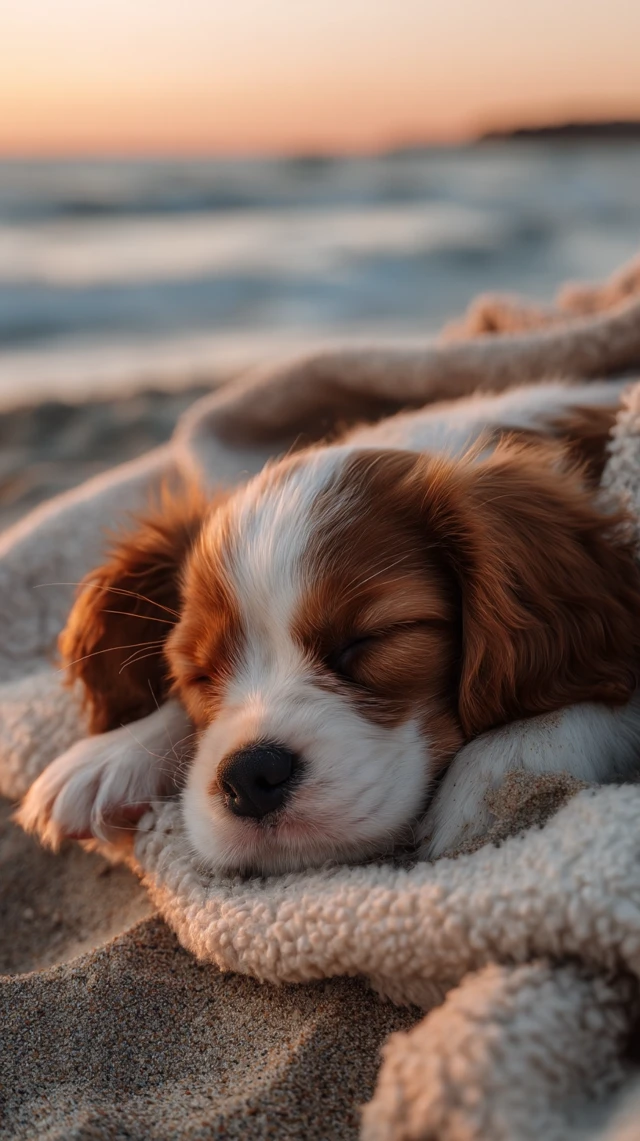Sleeping Cavalier King Charles Spaniel Puppy on Beach