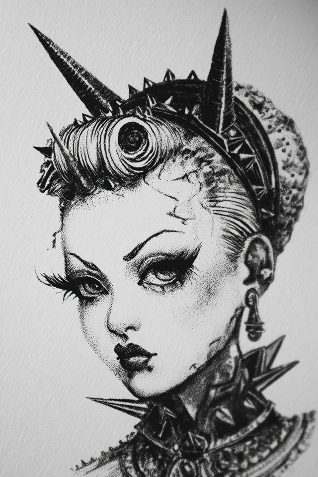 Gothic Punk Doll Illustration Monochrome Art