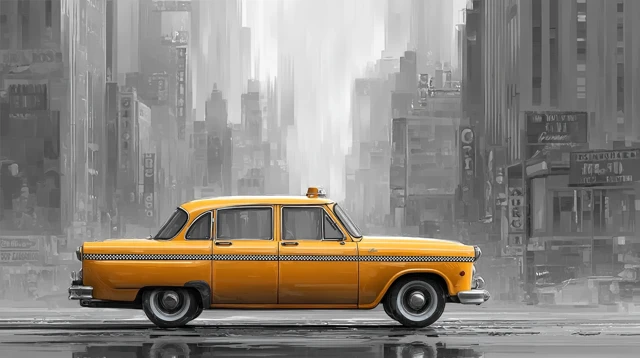 Vintage Taxi in Cinematic Cityscape Illustration