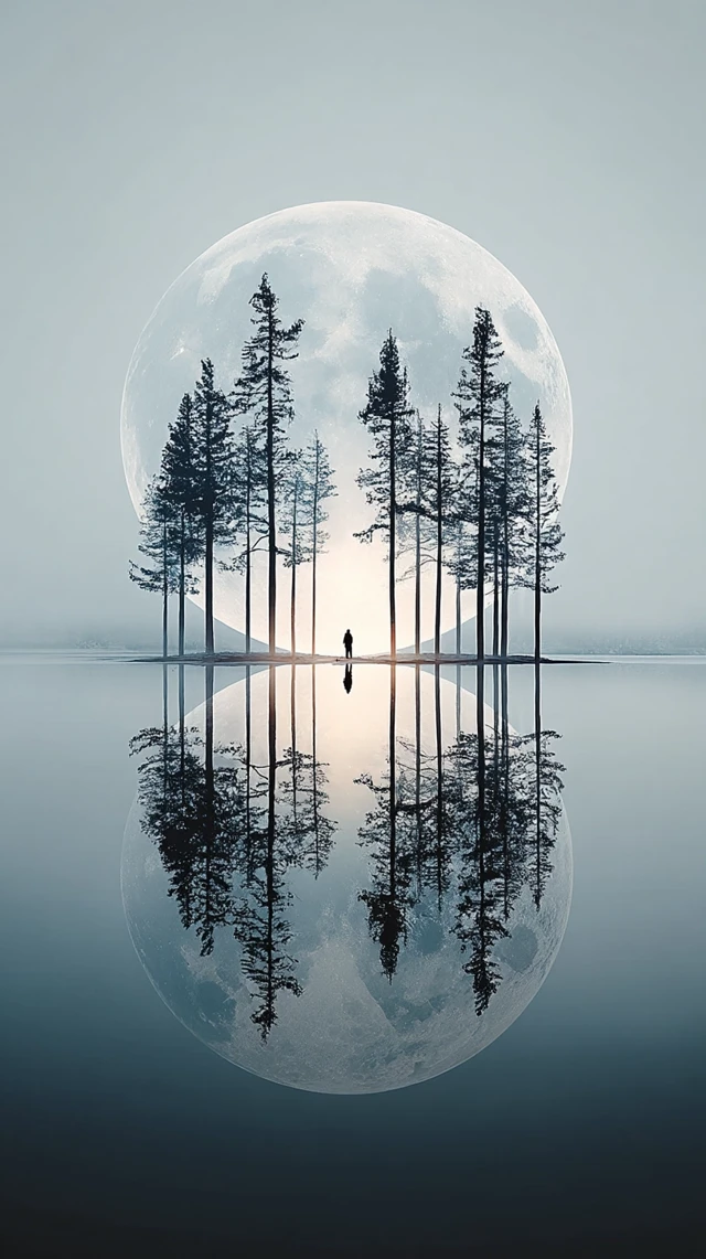 Moonlit Lake Reflection: Pine Trees and Mist