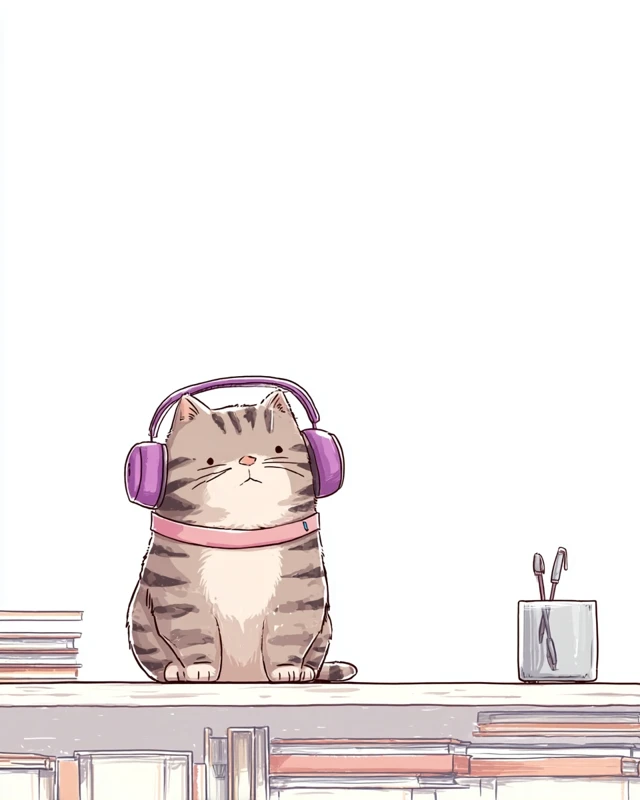 Cute Tabby Cat With Headphones 2D Illustration