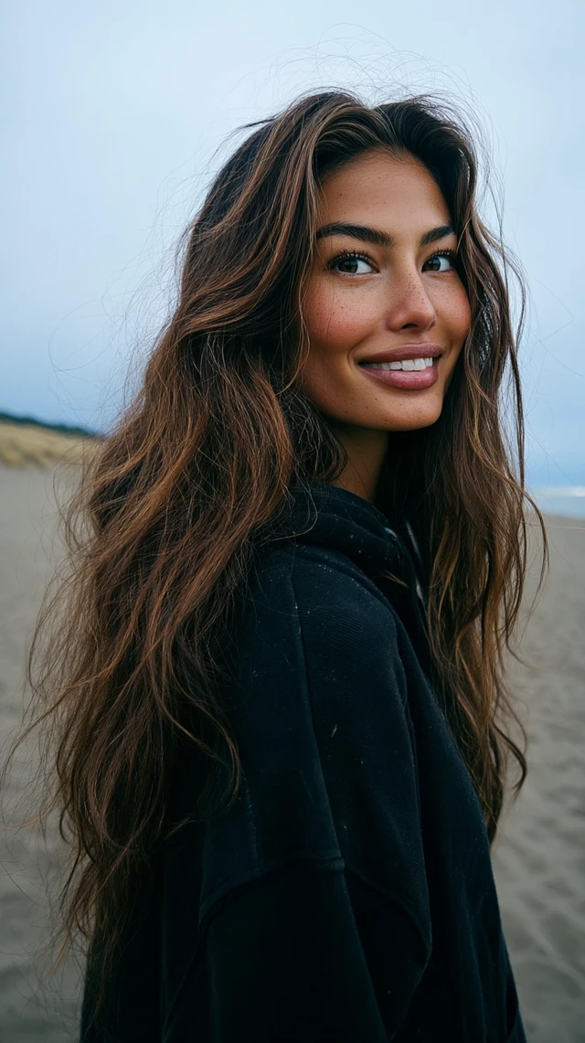 Windy Beach Portrait Young Woman Black Hoodie