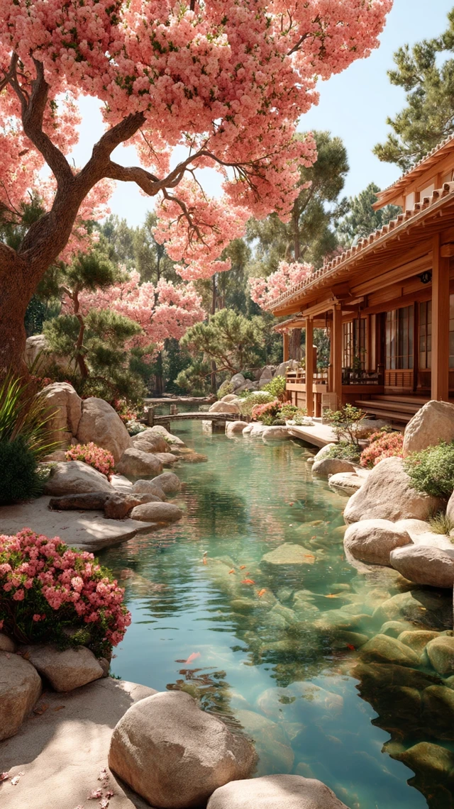 Japanese Garden in Bloom: A Photorealistic Scene