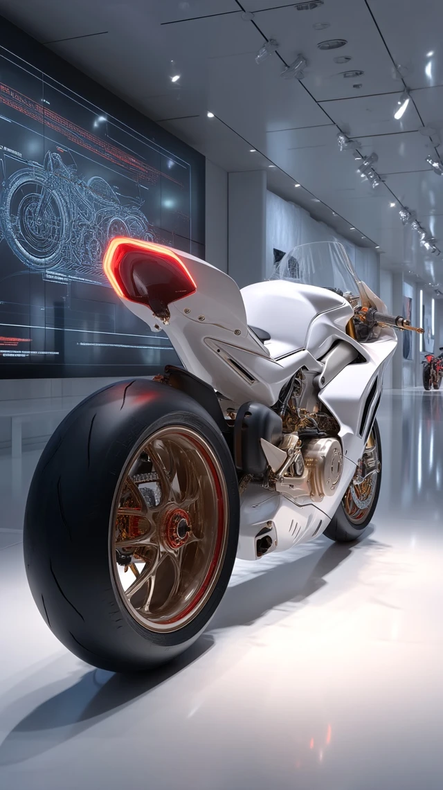 Futuristic White Superbike in Art Gallery
