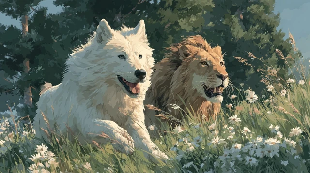 White Wolf and Lion Playing in the Grass