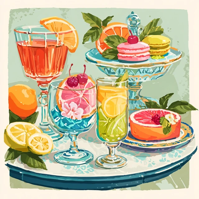 High Tea Still Life Illustration: Sweets, Drinks and Elegance