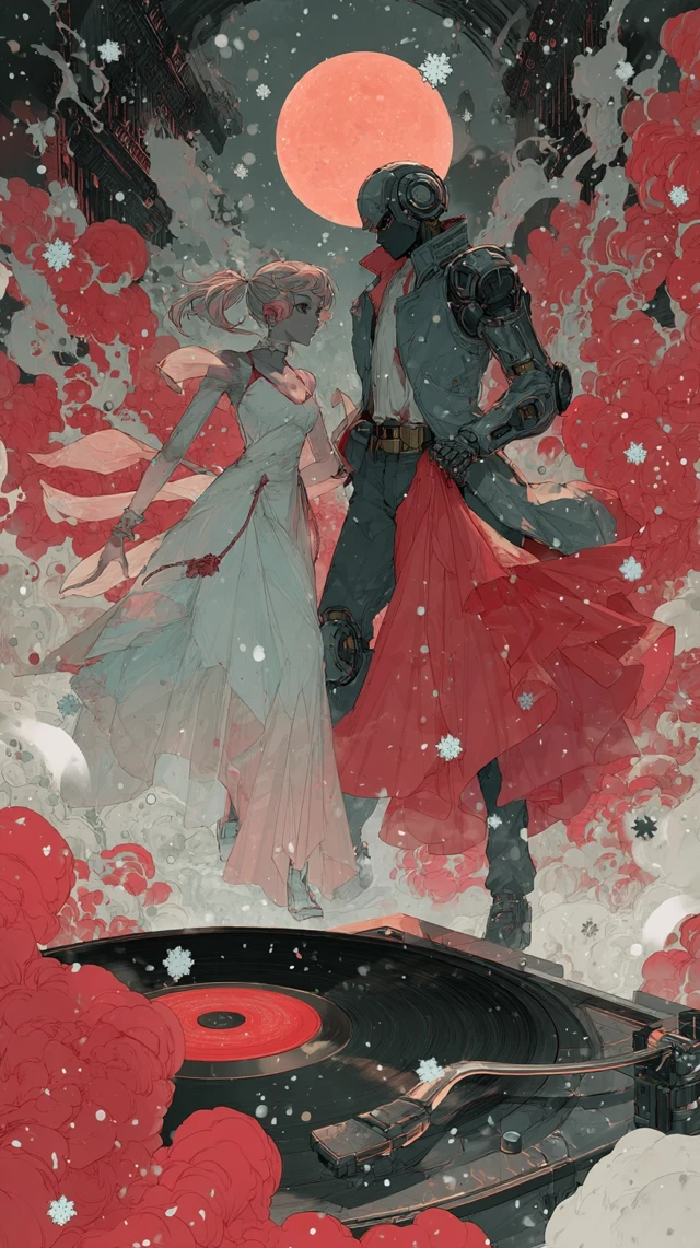 Anime Cyborgs Dancing Under a Red Moon