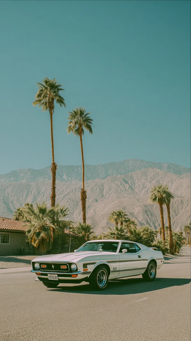White Ford Mustang Mach I Desert Road Photo