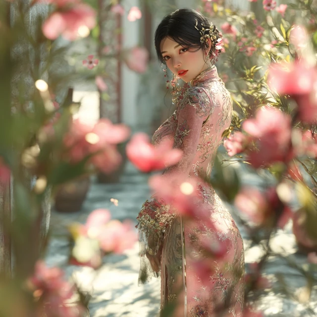 Eastern Beauty in Qipao Blossoms and Sunlight