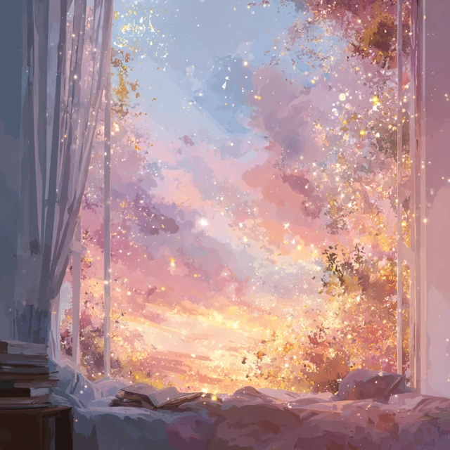 Sunset Bedroom Window Illustration Pastel Colors 4K