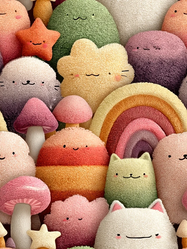 Kawaii Plush Fabric Pattern in Pastel Colors