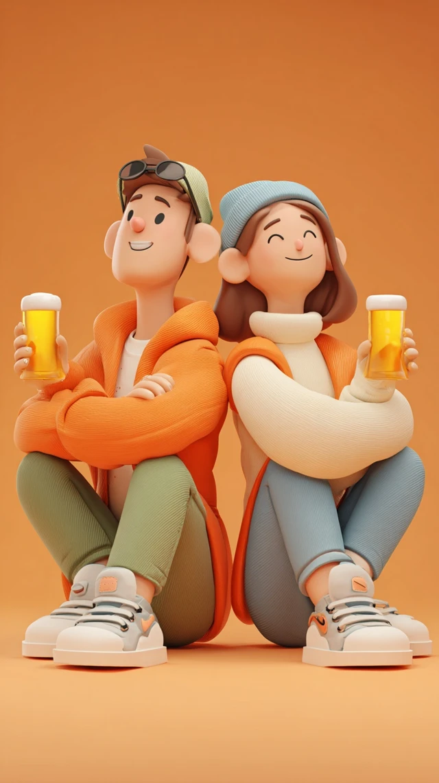 3D Cartoon Couple Enjoying Beer