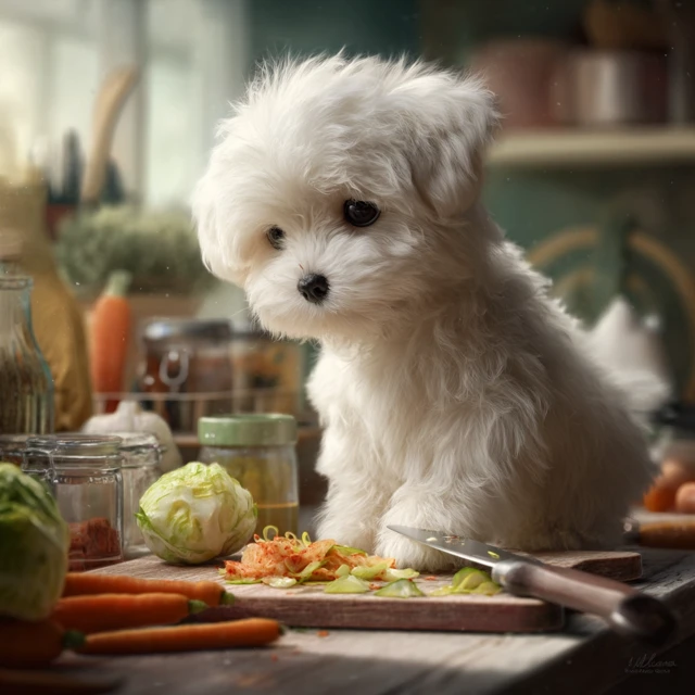 Maltese Puppy Chef Cooking Kimchi