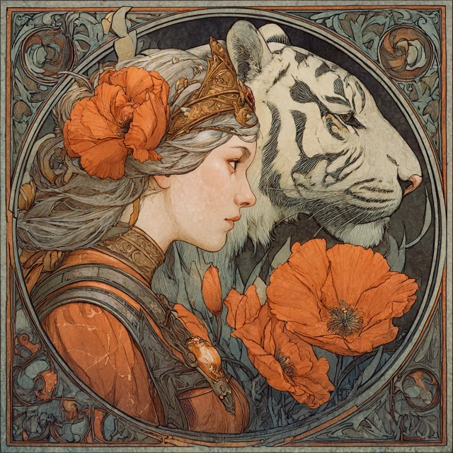 Art Nouveau Tiger and Poppy Watercolor Painting