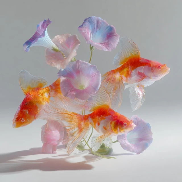 Abstract Organic Sculpture Goldfish and Flowers