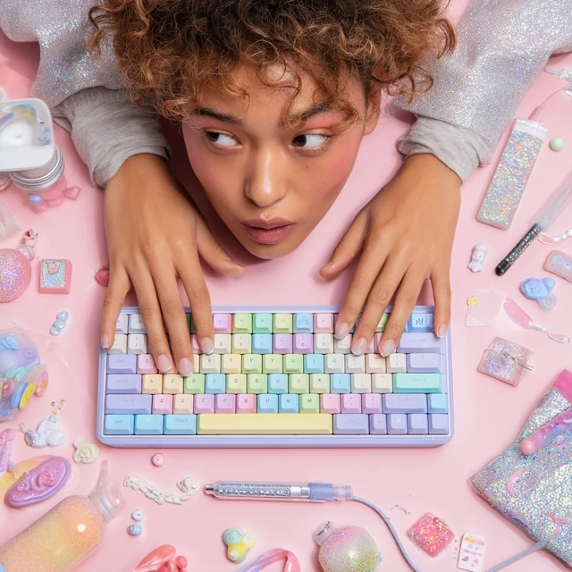 Y2K Editorial Model with Pastel Keyboard and Accessories