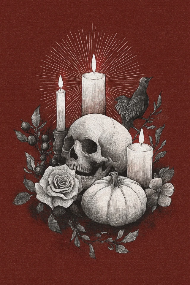 Halloween Gothic Illustration Skull Rose Pumpkin Candles