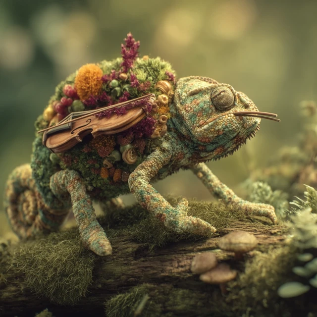 Chameleon with Violin in Nature Anniversary