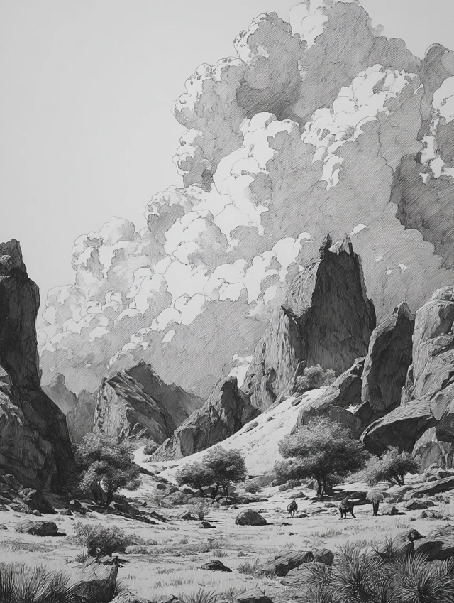 Western Desert Landscape Pencil Sketch Illustration