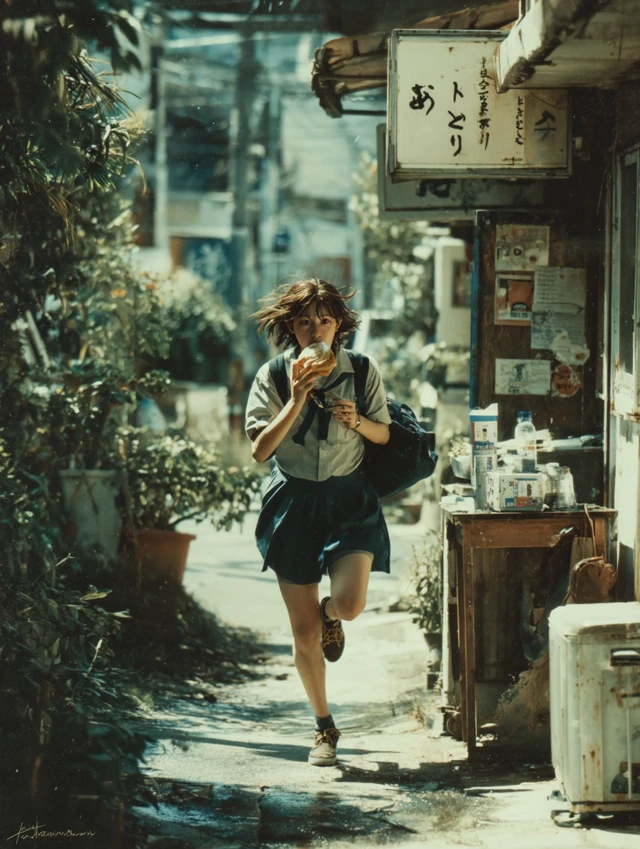 Japanese School Girl Running Eating Bread