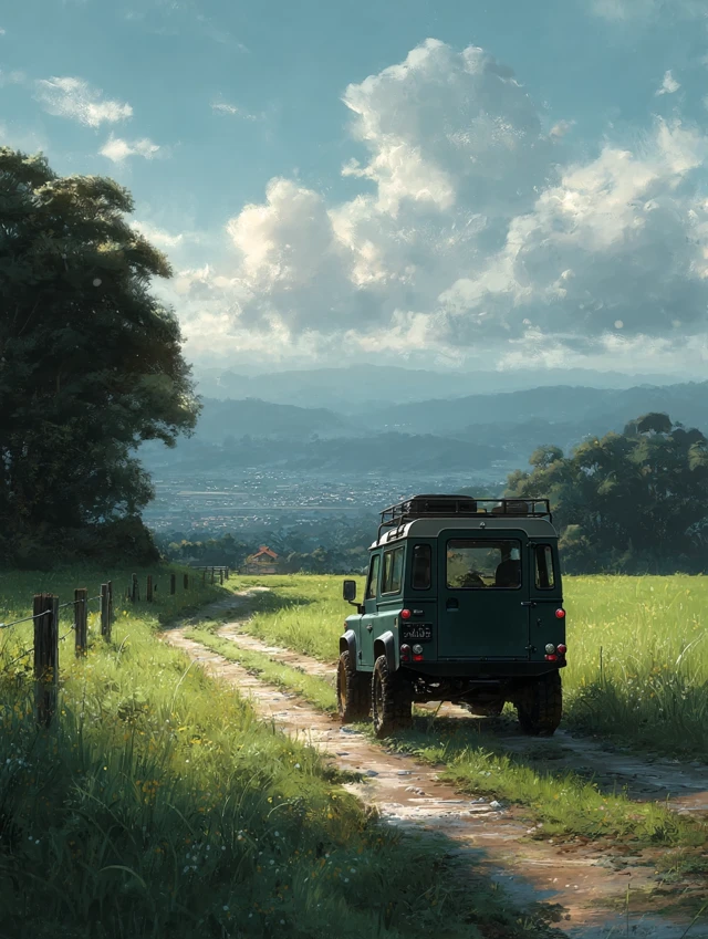 Green Van on Soil Road Field to City