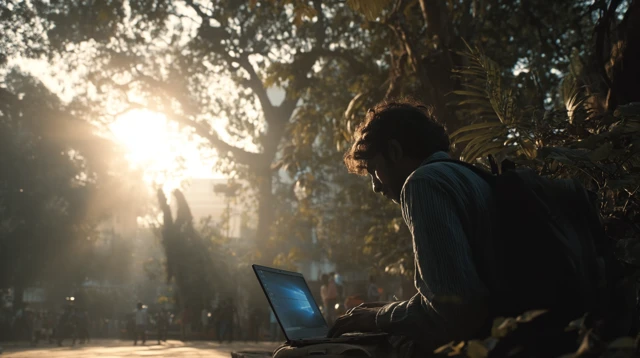 Indian Man Coding Outdoors Cinematic Shot