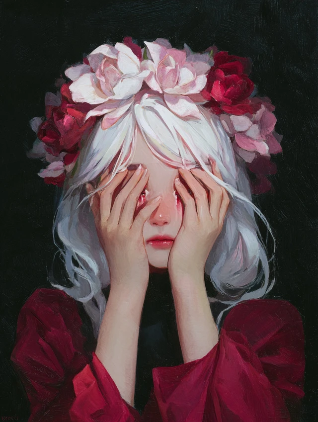 White Haired Girl with Roses Oil Painting Portrait