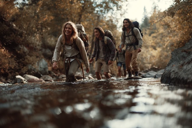 Teens Hiking Creek Autumn Adventure Film
