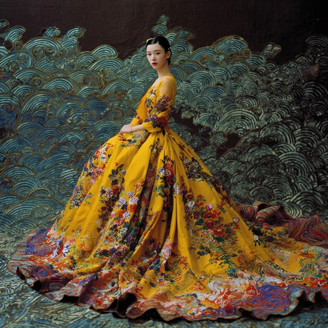 Woman in Yellow Floral Gown Asian Inspired Art