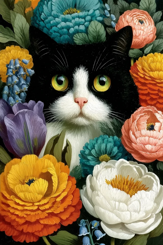 Cat Portrait with Flowers - Audubon Style Oil Painting