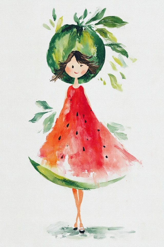 Watermelon Girl Oil Painting Whimsical Cartoon Art