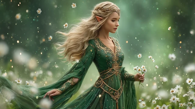 Elven Woman in Green Dress Fantasy Forest Scene