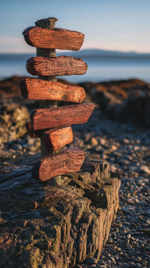 Rocky Beach Signpost Directional Guidance Warm Tones
