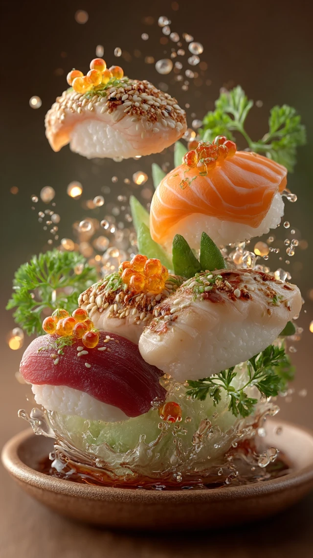 Delicious Sushi Rolls Floating Photography