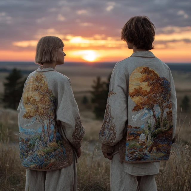 Dawn Embrace Embroidered Linen Clothing Sunset Sunrise