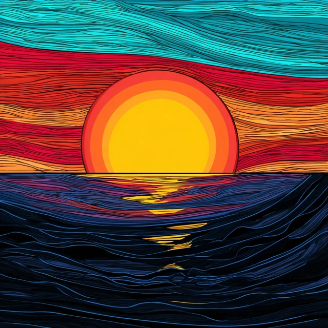 Sunset Over the Sea Colorful Illustration