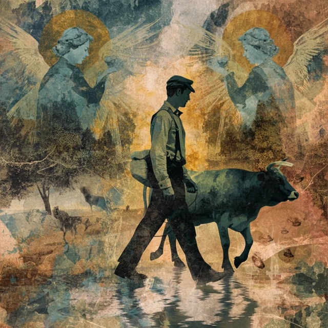 Man and Cow Forest Watercolor Painting
