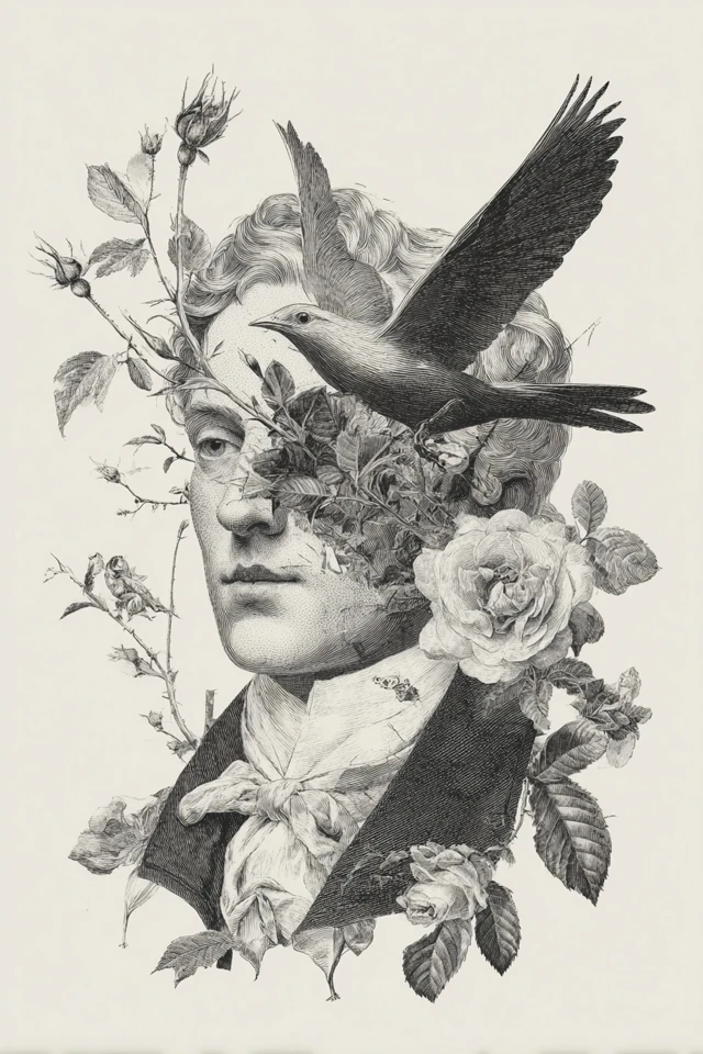 Vintage Gentleman with Bird and Flowers Art