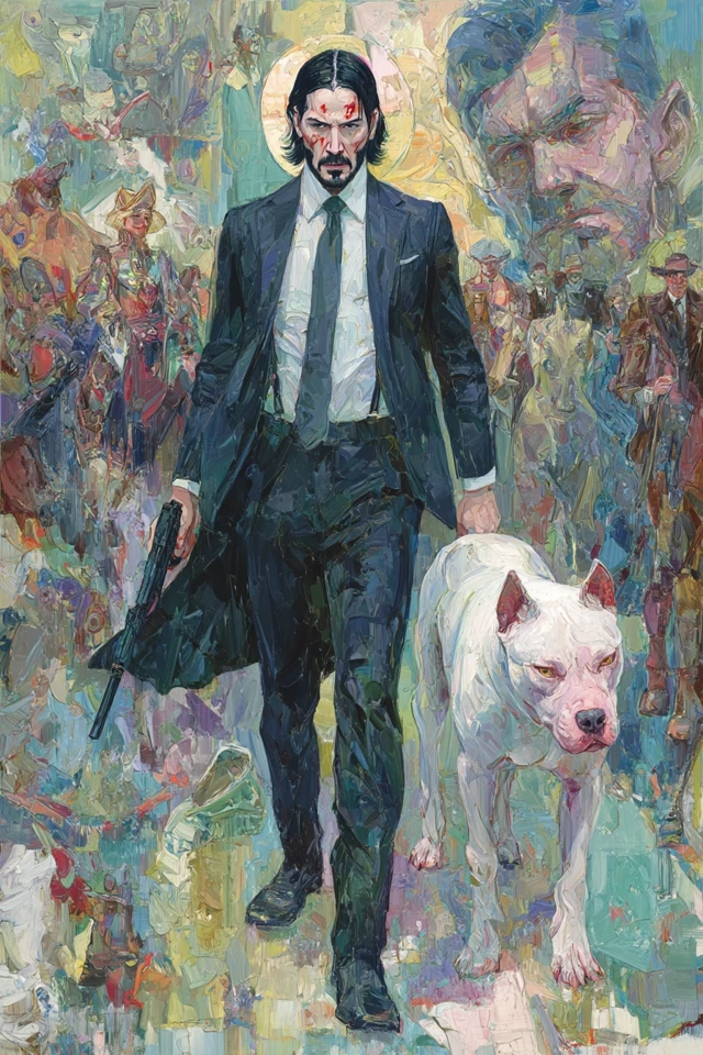 John Wick with Pitbull Trippy Art Style