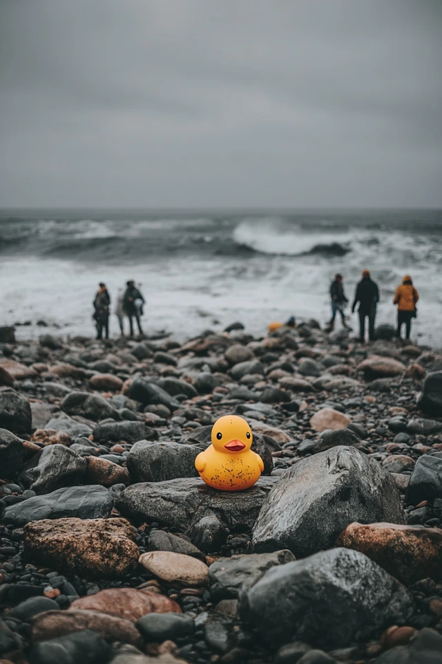 Rubber Duck on Rocky Beach Overcast Day