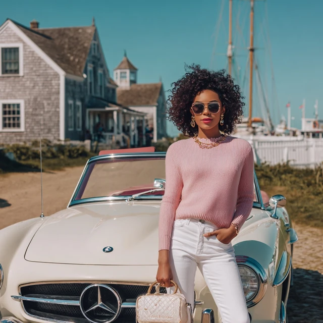 Beautiful Woman and Vintage Mercedes in Nantucket