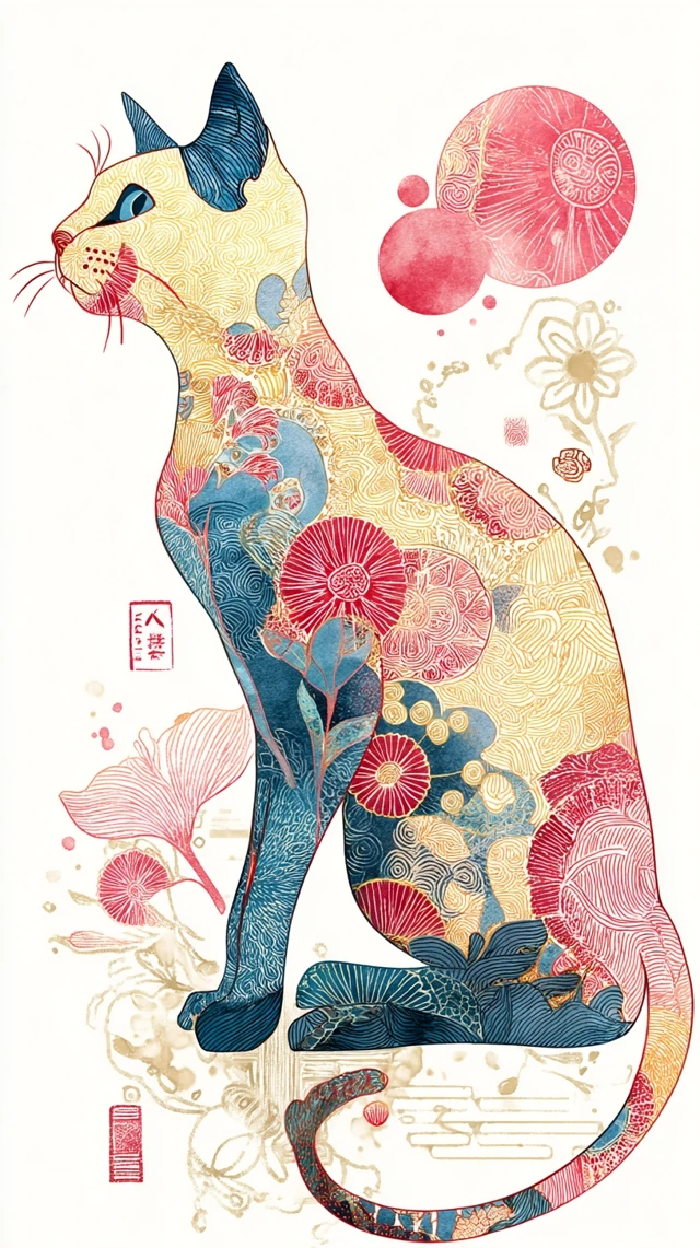 Watercolor Cat Illustration with Japanese Patterns