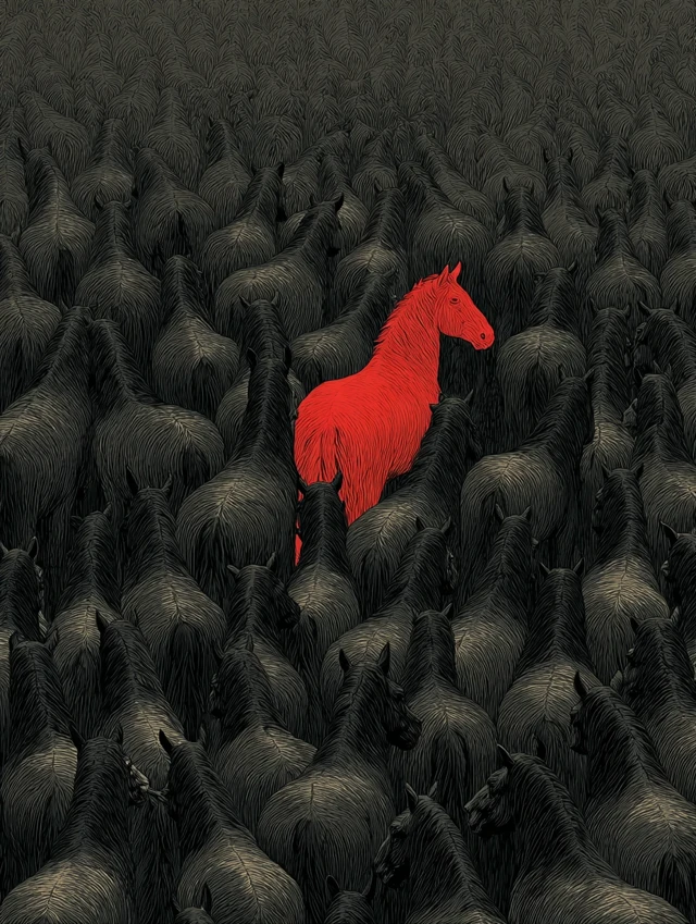Red Horse in a Herd of Black Horses Art Print